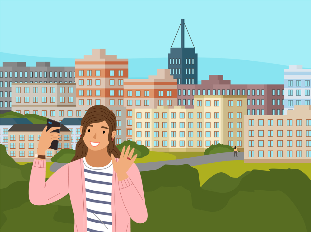 Girl has video conference on the phone, takes a selfie. Large city houses outside the window on the background. Female character with a smile on her face are waving her right hand vector illustration. The girl has a video conference on the phone. Large city houses outside the window on the background