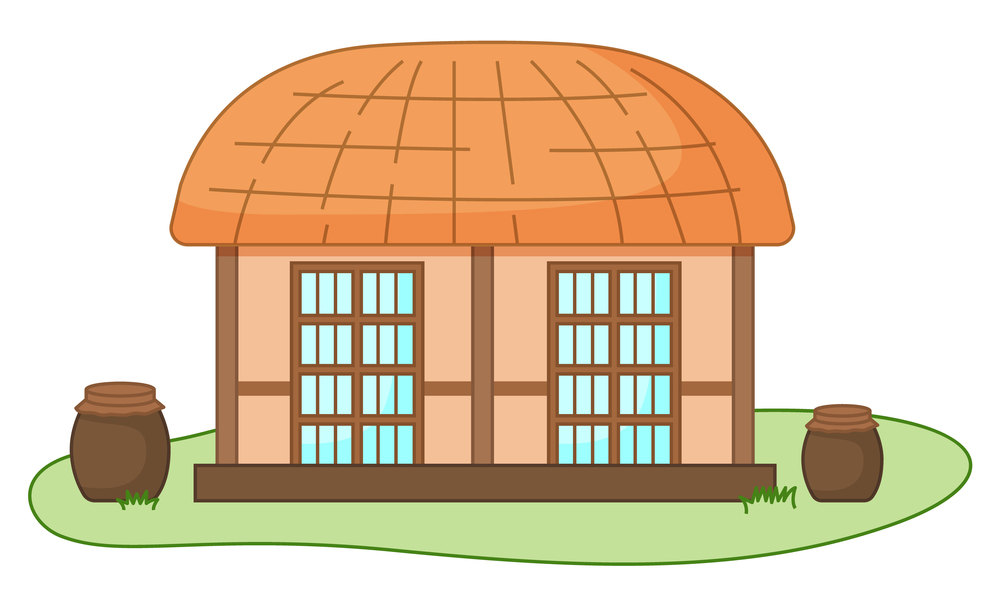 Asian village old house vector illustration. Thatched-roof rural building standing on green grass. Traditional house in a Korean people settlement. Simple construction from natural wooden materials. Asian village old house vector illustration. Thatched-roof rural building standing on green grass