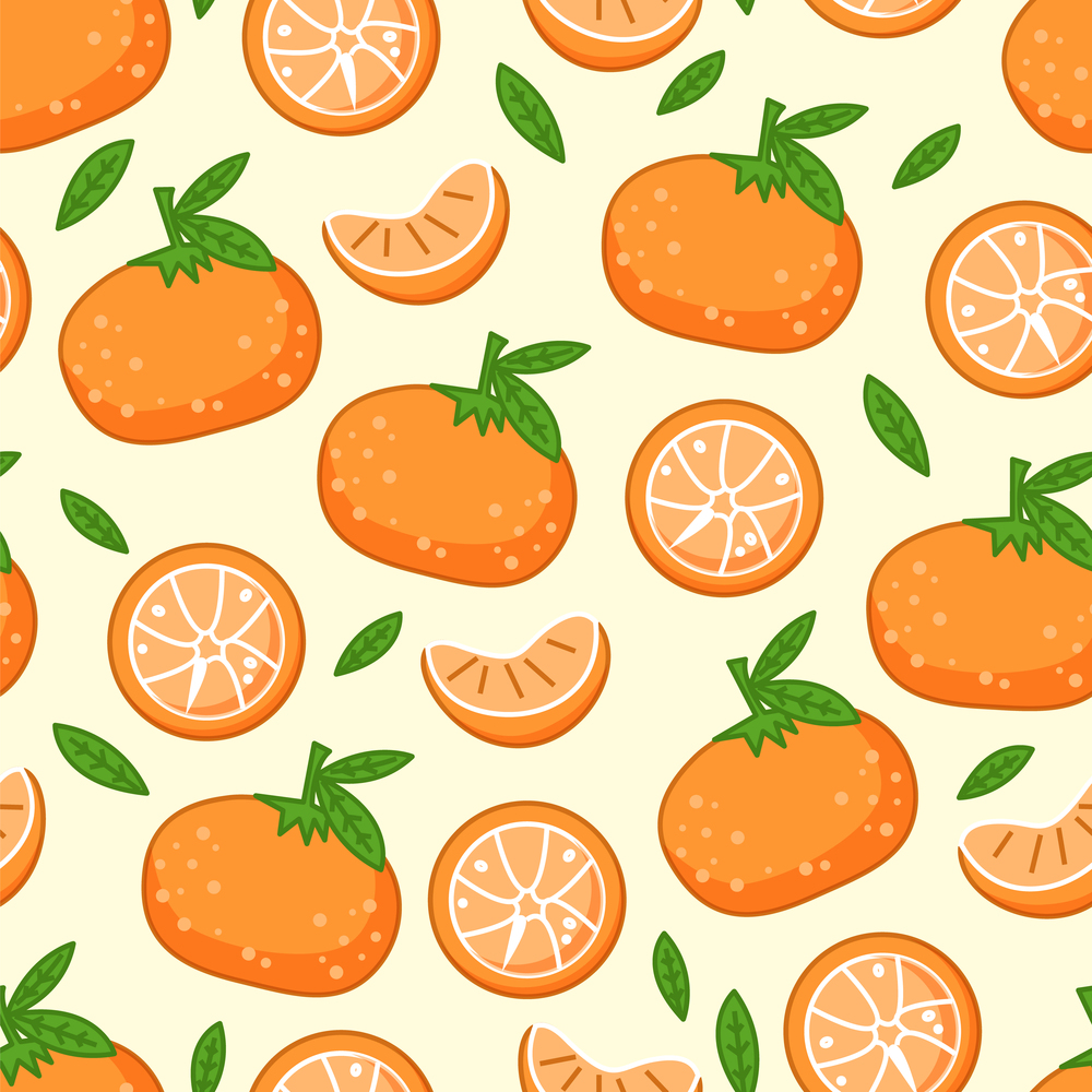 Pattern with fresh tangerines with green leaves. Vector orange citrus fruit ripe mandarin on white background. Set with whole fruit and a half, a piece, juicy lobule. Vitamin organic tropical food. Pattern with fresh tangerines with green leaves. Orange citrus fruit ripe mandarin vector design