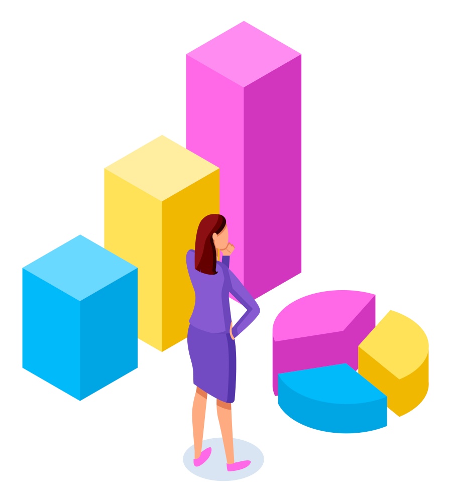 Information business statistics and digital indicator element infographics template. Woman standing near diagram consisting of vertical columns rectangular bar and pie chart vector. Step growing chart. Woman standing near diagram consisting of vertical color rectangular bar and pie chart vector