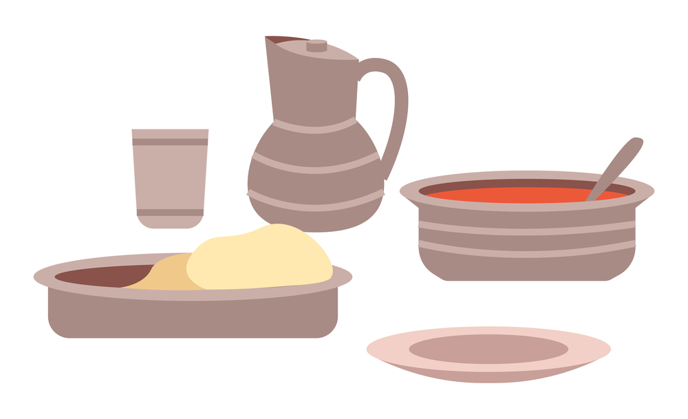 Template for indian cafe or restaurant. Indian cuisine dishes flat vector illustration. Demonstration of serving baked buns with tomato soup. Iron dishes with food isolated on white background. Indian cuisine dishes vector illustration. Local food emblem. Buns with tomato soup on plates