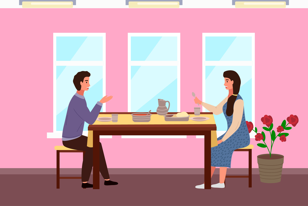 Restaurant in pink girly style vector illustration. Dining table with pitas and tomato soup. Arrangement of furniture. Couple is eating indian food. Characters in relationship are having date. Couple is eating indian food. Characters in relationship are having date in the pink restaurant