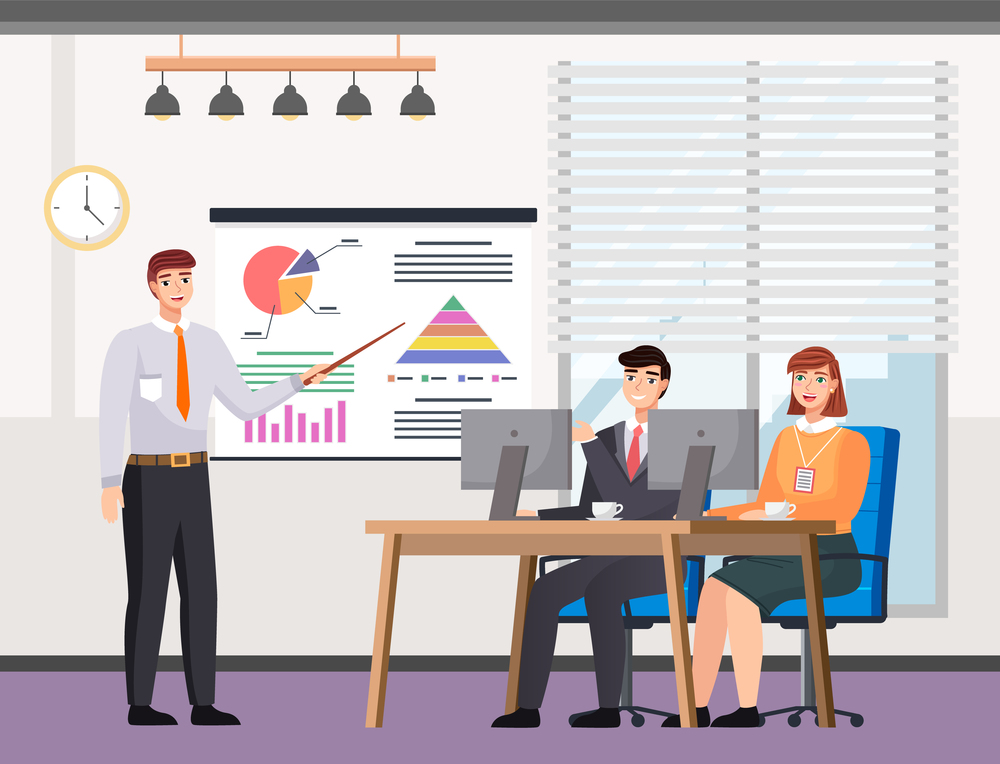 Employees analyze data and study metrics. Income growth graph on background. The guy and the girl communicate and work in the office together. Man points to a chart with statistics and explain it. People are working and analyzing data. Man points to the rising graph on the poster and explain it
