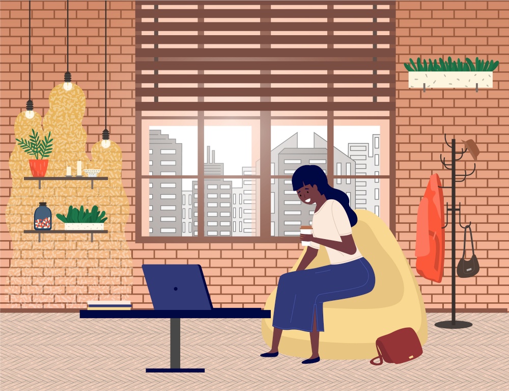 Business woman working on laptop in her apartment vector illustration. Girl is sitting in a bag chair and drinking coffee. Female character sitting in the restaurant. Freelancer works in the cafe. Business woman works on laptop in her apartment. Girl sits in bag chair with coffee in her hands