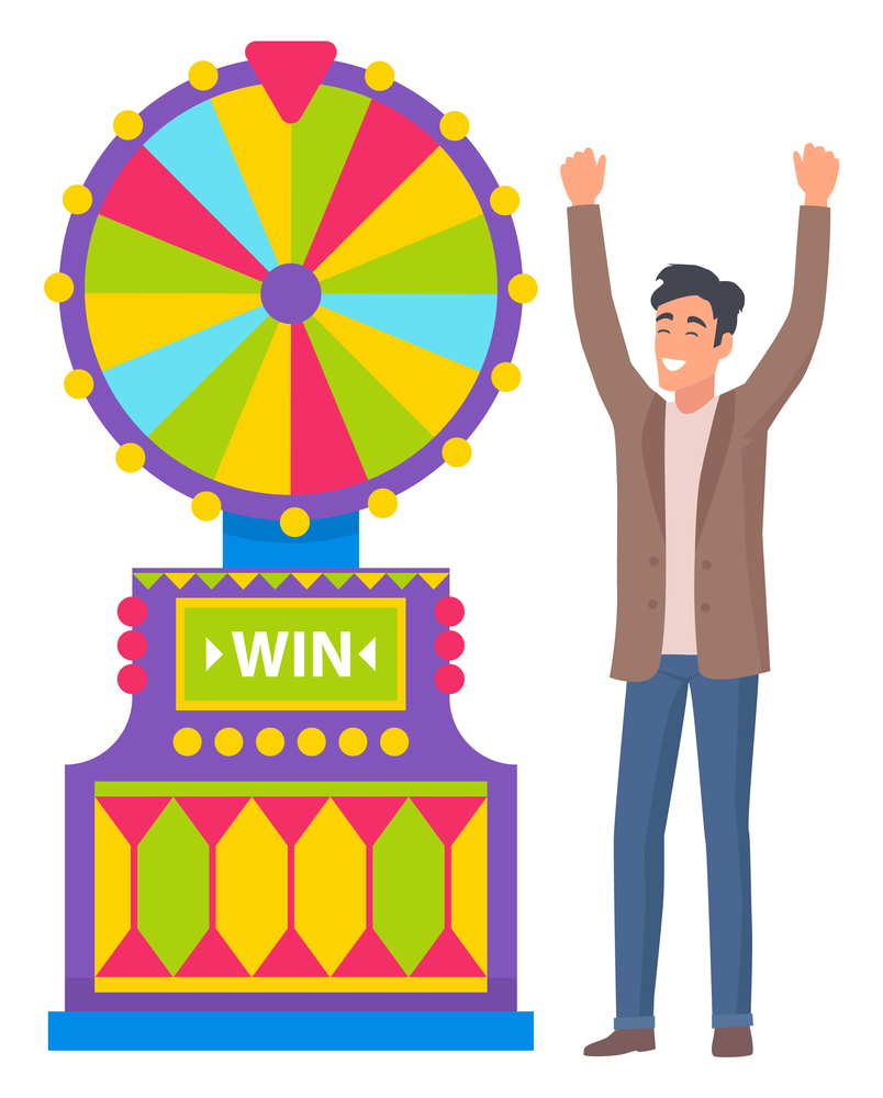 Winner man rising hands, success or fortune. Colorful gambling wheel, lucky play, casino game machine and smiling gambler, roulette equipment vector. Roulette and Player, Game Machine, Fortune Vector