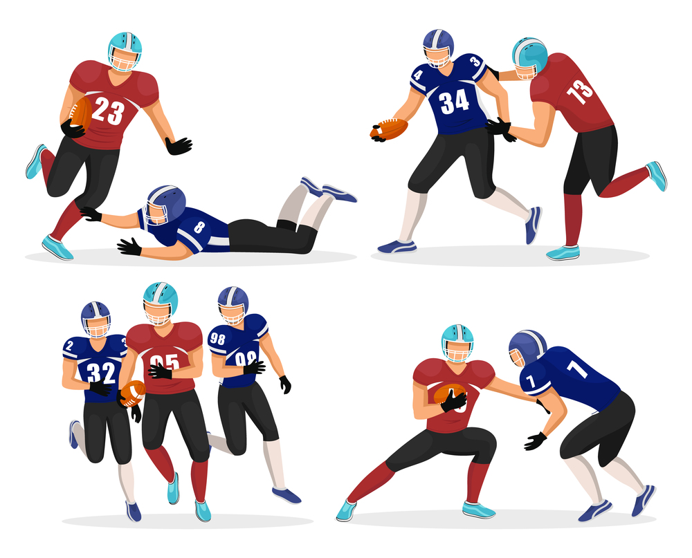 Collection of gridiron players. Set of people playing american football split into teams. Footballers with ball trying to win match. Male characters isolated groups of members. Vector in flat. American Football Teams, Gridiron Players Vector