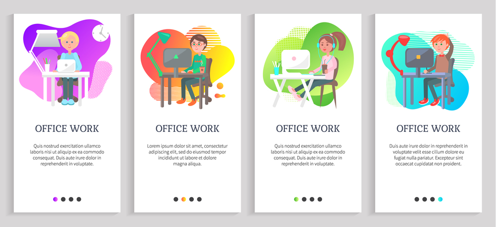 Office work of company programmers vector, employee of sitting at working place wearing headphones, drinking beverage and working on project. Website or slider app, landing page flat style. Office Work People Working on Projects Vector