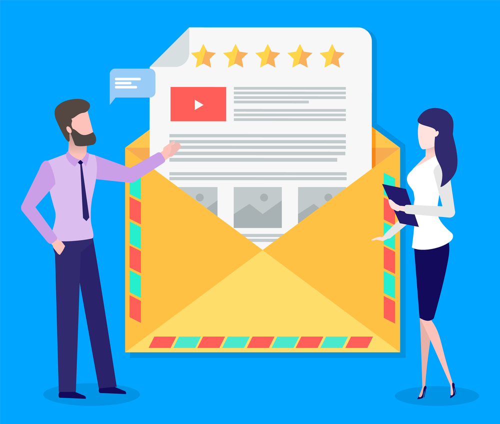 Sending message, notification, invitation. Man telling a woman about business cooperation with partners, showing a contract document, standing on the background of an open envelope with a letter. Sending message, notification, invitation. Mail concept. Businessmen opening an envelope with letter
