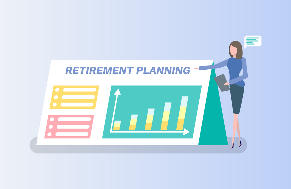 Retirement planning vector, presentation of innovation plan for senior people, woman presenting ideas on board. Flat style isolated infocharts charts. Retirement Planning Woman Presenting Idea on Board