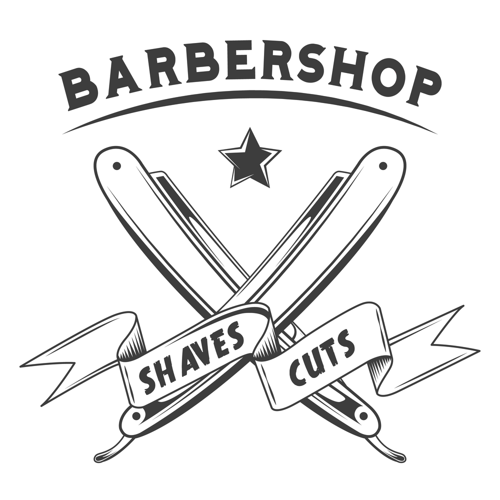 Logotype for barbershop in black and white style. Barber shop logo design emblem with crossed razors. Hairdressing salon signboard depicting a dangerous blade and tape with inscription shaves cuts. Logotype for barbershop in black and white style. Barber shop logo design emblem with crossed razors