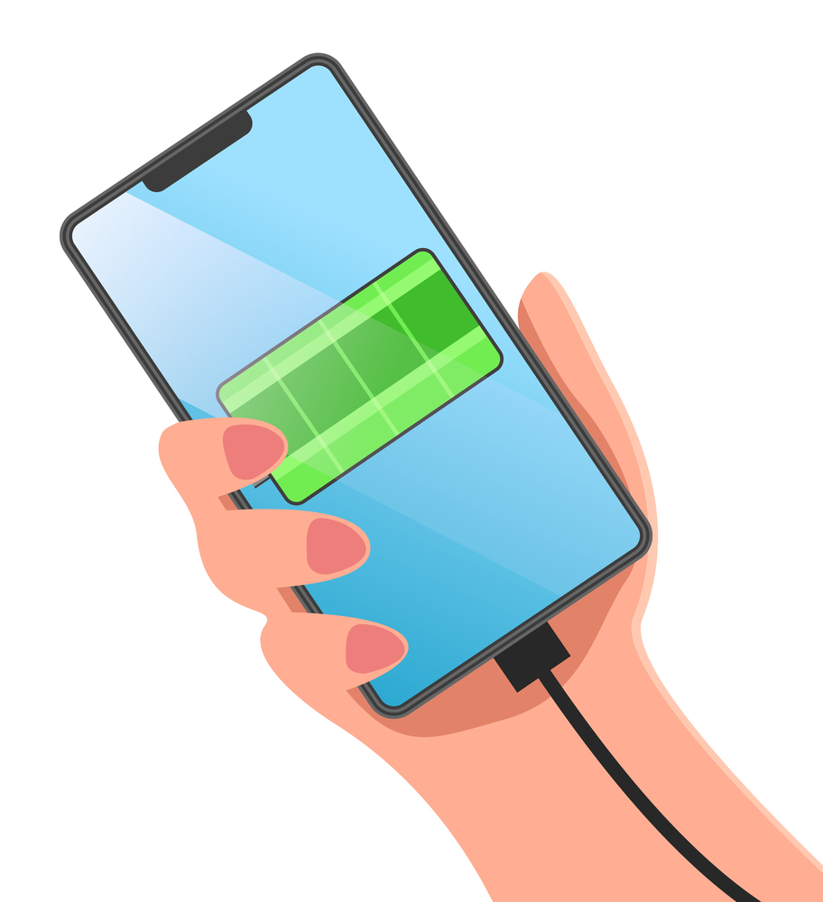 Female elegant hand with pink nails holds smartphone with green charging battery image. Device in hand, image of charging process on the screen. Modern smartphone, big screen. Flat vector image. Female hand holds smartphone, green charging battery, charging cord. Flat vector image on white
