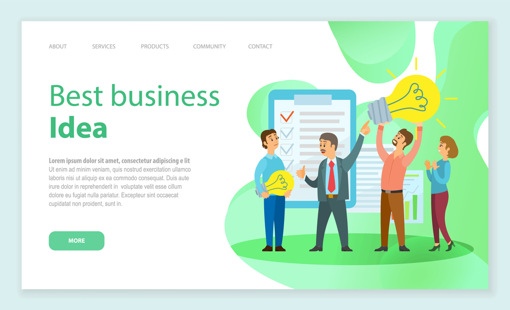 Best business idea website vector. Marketing strategy concept, business team develops solutions. People near the presentation with a list of ideas, a man is holding a light bulb. Webpage template. Best business idea website vector. Marketing strategy concept, business team develops solutions