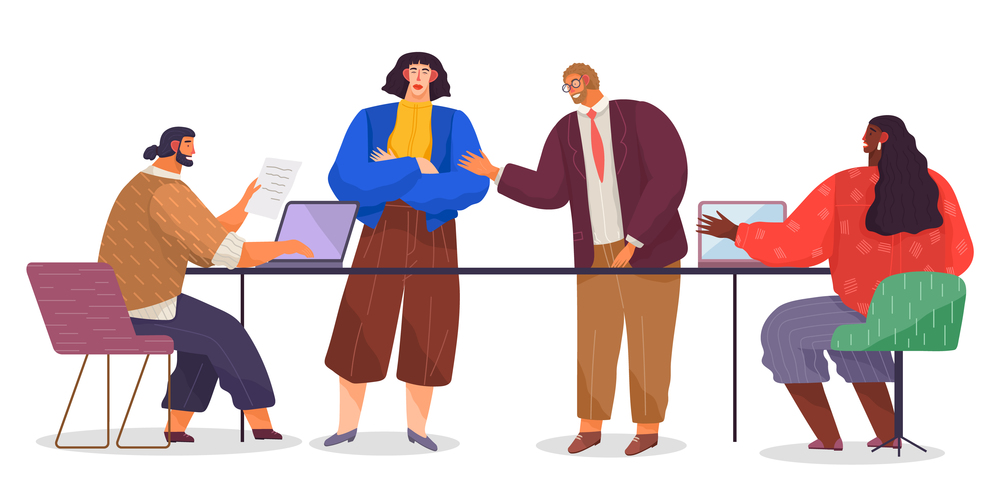 Office staff in room. Bearded man and dark-skinned woman use laptops, woman wears jacket stands with her arms crossed, red-haired man in glasses and strict suit tells. Conceptual office characters. Cartoon office workers in progress. Man and woman with laptops. Head and subordinates. Flat image