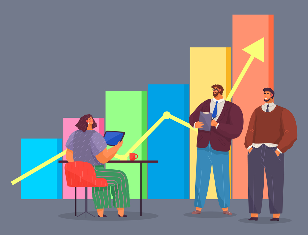 Path to a target s growth vector illustration banner. People standing at the rectangular bars and up arrow. Achievement in business and motivation concept. Teamwork for increase result improvement. Path to a target s growth vector illustration banner. People standing at the rectangular bars