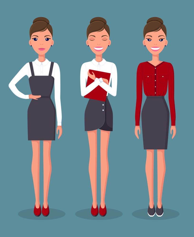 Girl in various positions and emotions on the face. Business woman set in different poses vector illustration. Pretty young slim woman character in business clothes. Cute slender female character. Girl in various positions and emotions on the face. Business woman vector set in different poses