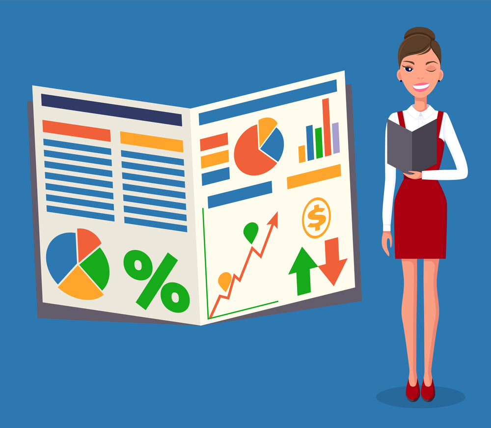Confident young woman gives a report, smiling winking businesswoman standing near image with statistical indicators diagrams. Business presentation and project management concept vector illustration. Confident young businesswoman gives a report. Business presentation concept vector illustration