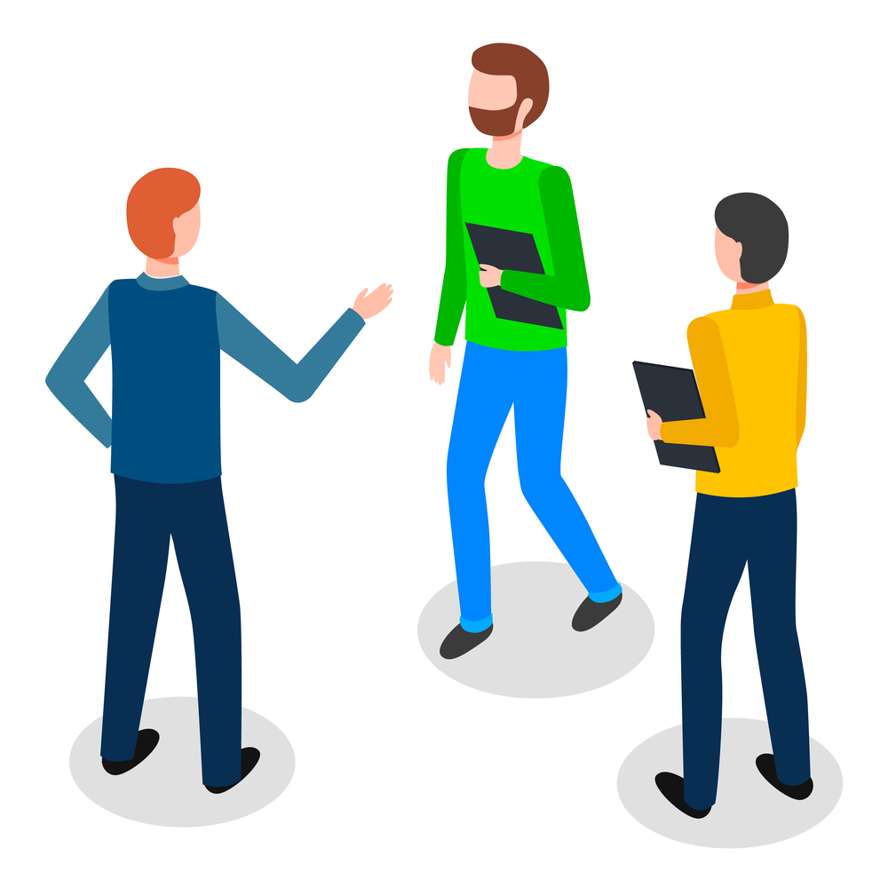 Businesspeople characters holding folder. Man colleagues, teamwork cooperation, group of people speaking, communicating. Full length view of male workers discussing, employee meeting vector design. Businesspeople characters with folder. Man colleagues, teamwork cooperation group of people speaking