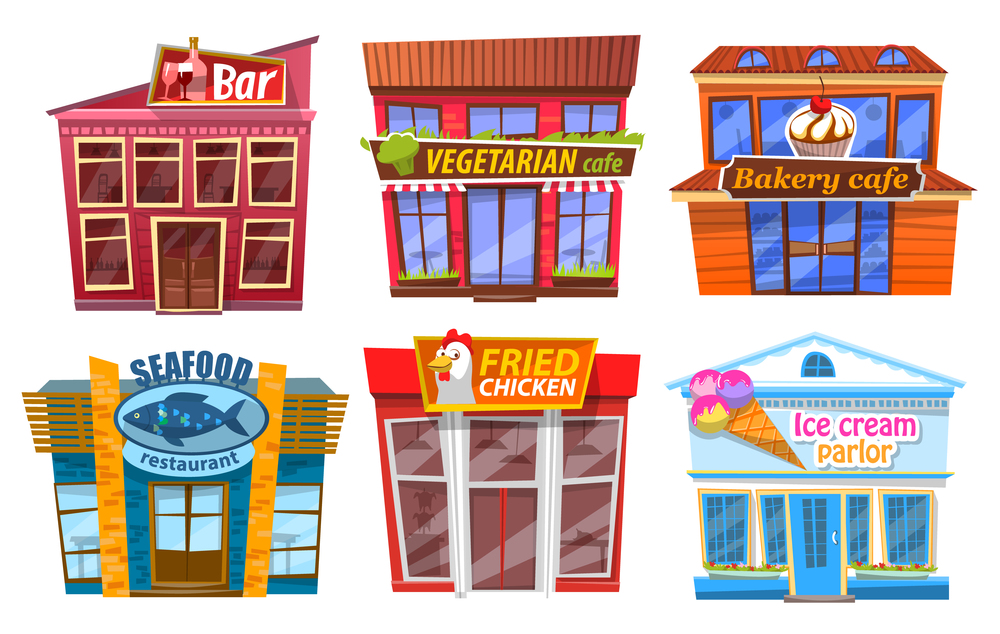 Restaurant or store of seafood, fried chicken and ice-cream. Eating urban place, cafe set on white, business place, colorful construction with panoramic windows for lunch, town element, leisure vector. Lunch Place, Cafe or Restaurant, Eating Vector