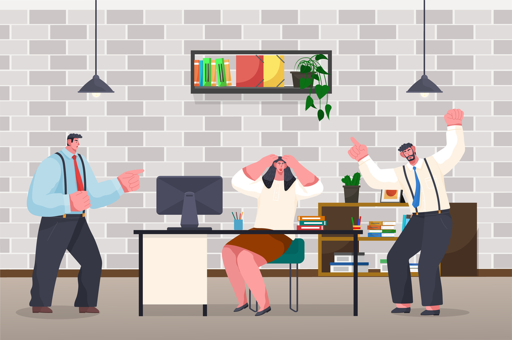 Businessmen experiencing stress at work because of the deadline and office chaos. Annoyed angry male characters screaming, emotionally wave their hands. Woman is upset, holding hands by head. Businessmen experiencing stress at work because of the deadline and office chaos. Annoyed workers