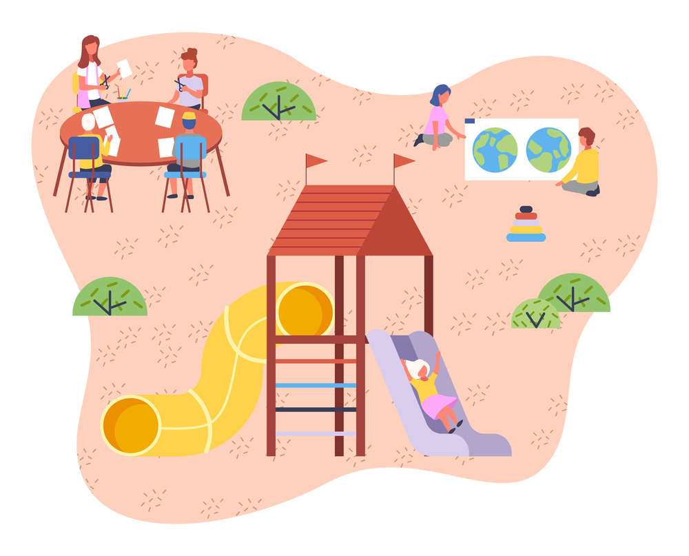 Children playing playground vector illustration. Kids on the summer play-field play in the sand. Concept of summer kids school camp. Children ride a roller coaster, play games, make paper crafts. Children playing playground vector illustration. Kids on the summer play-field play in the sand
