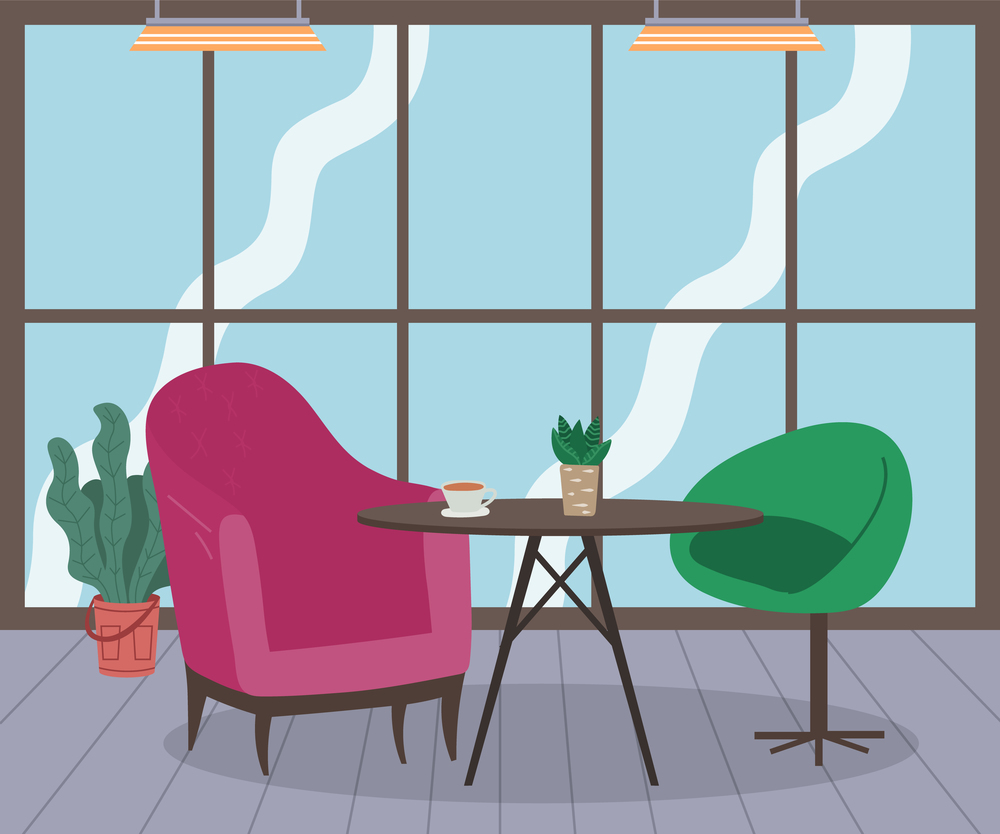 Modern loft interior of cafe or living room with round coffee table, two armchairs, flower in pot, panoramic window, ceiling lights. Vintage fuchsia armchair, round green bar chair. Flat image. Round coffee table, red arm chair and green bar stool. Cafe interior or living room.Vector image