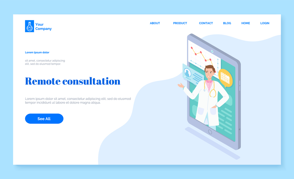 Landing page of online doctor consultation by smartphone. Remote appointment with a therapist,disease schedule. Meeting of doctor and the patient online. Video consultation with a medical specialist. Landing page of online consultation of doctor. Initial appointment with a doctor. Area point graph