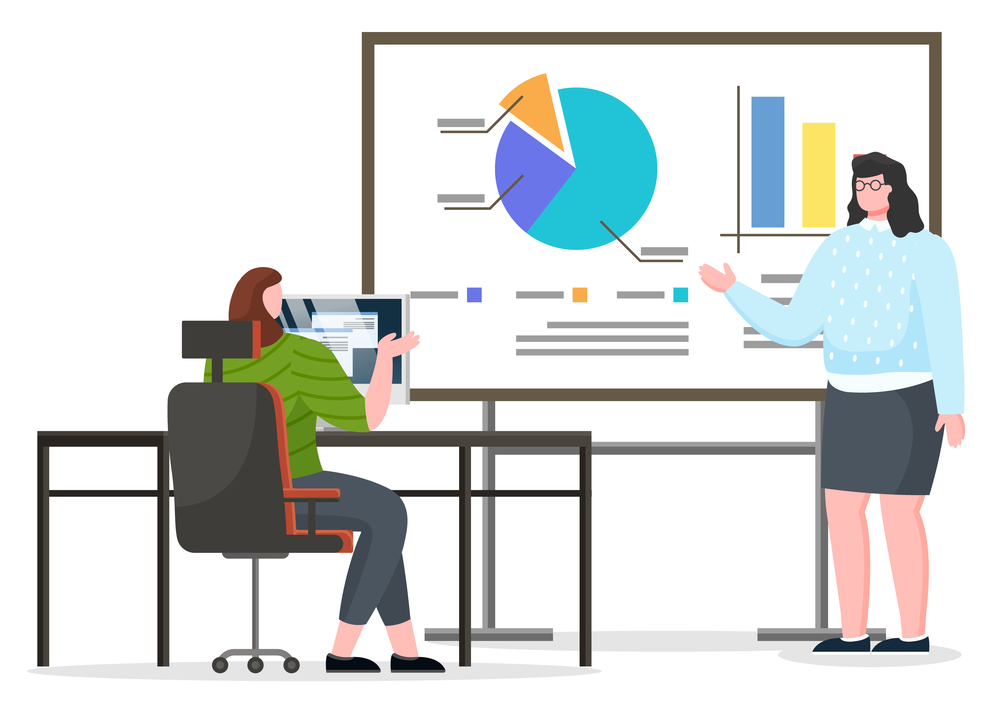 Woman sitting by table and working on computer. Manager and office worker have appointment about financial report. Analytics graph and diagrams on big board. Vector illustration in flat style. People on Appointment, Chart and Diagram on Board