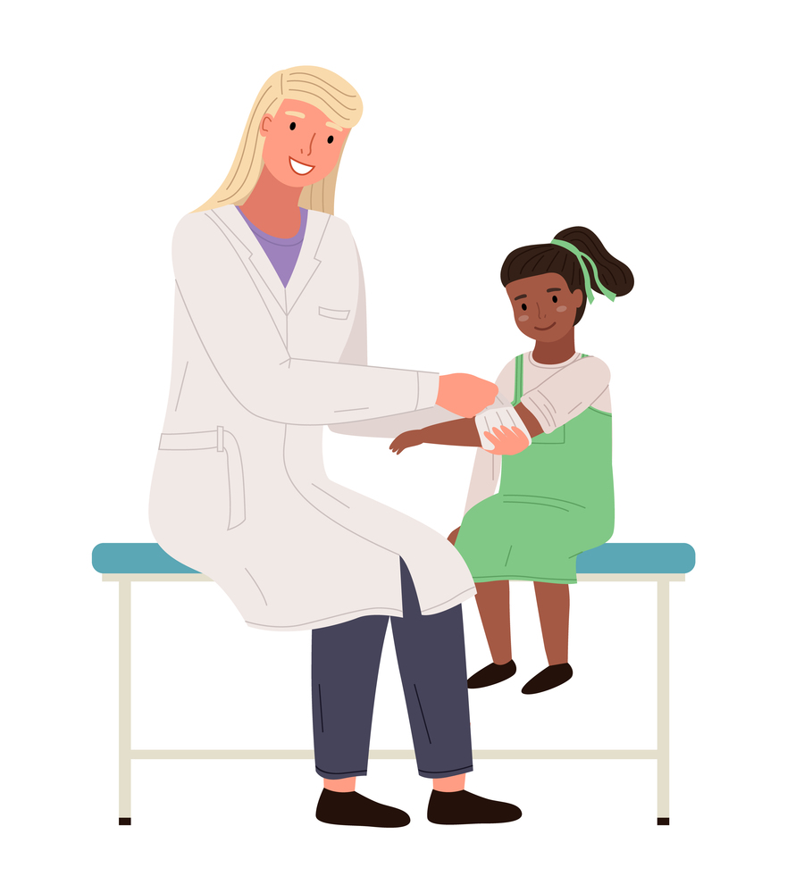 A podiatrist uses a bandage to help a girl. Patient with a sore arm at appointment with doctor. Orthopedist treats small child isolated on white background. Children s doctor works with a patient. A podiatrist uses a bandage to help a girl. Patient with a sore arm at appointment with doctor