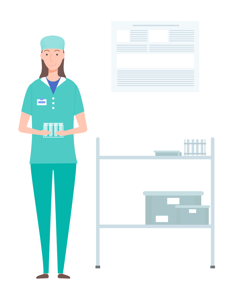 Laboratory assistant woman holding stand with empty test tubes in hands. Professional medical worker with glass flasks. Flat cartoon character portrait in medical gown and protective hat works in lab. Laboratory woman holding stand with empty test tubes in hands. Medical assistant with flasks