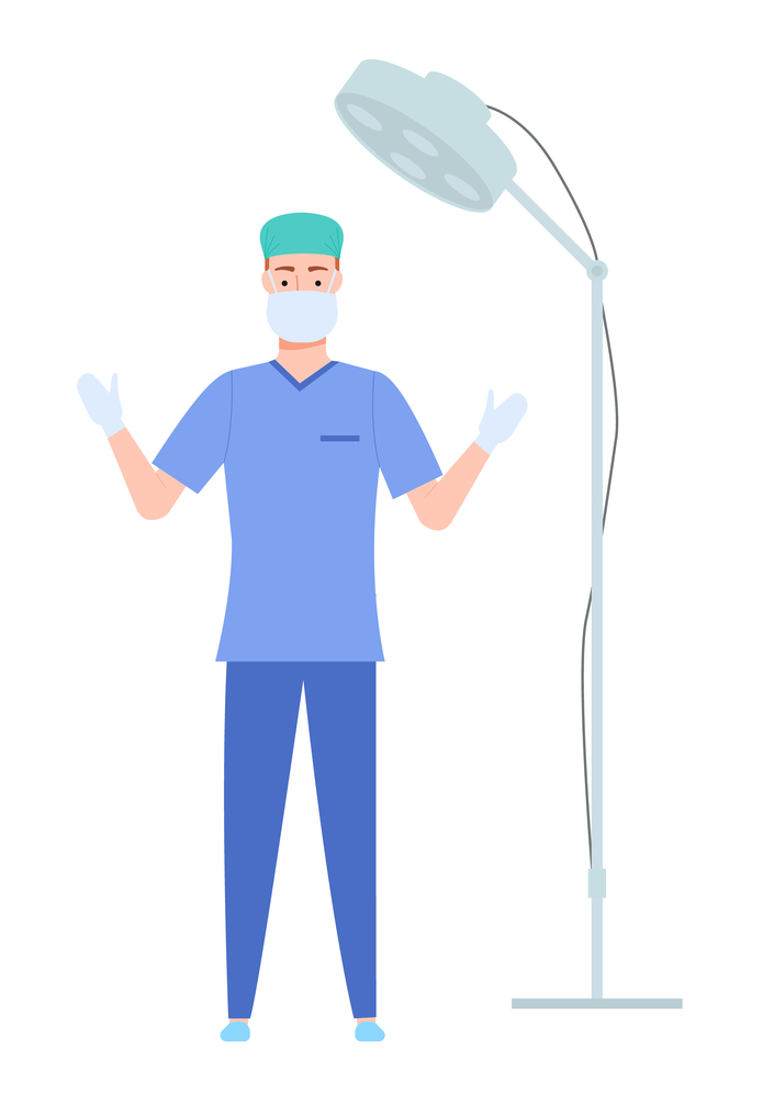 Surgeon works in operating room. Medical staff in hospital. Man stands under a surgical lamp on white background. Doctor is wearing professional uniform. Clinic equipment, surgery preparation. Surgeon works in operating room. Medical staff in hospital. Man stands under a surgical lamp