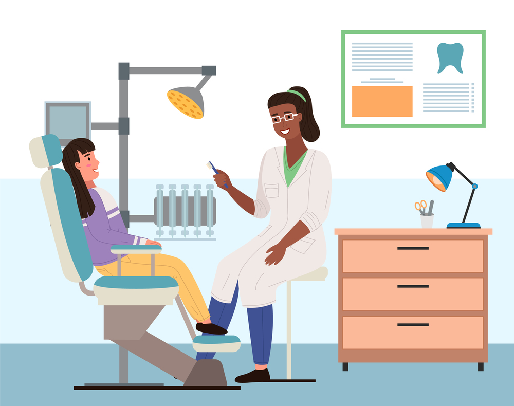 Doctor brushes child s teeth, Woman work with toothbrush. Girl and dentist in dental office. Poster with tooth on background. Medical service for kids, health care. Patient at appointment with doctor. Doctor brushes the child s teeth, Woman work with a toothbrush. Girl and dentist in dental office