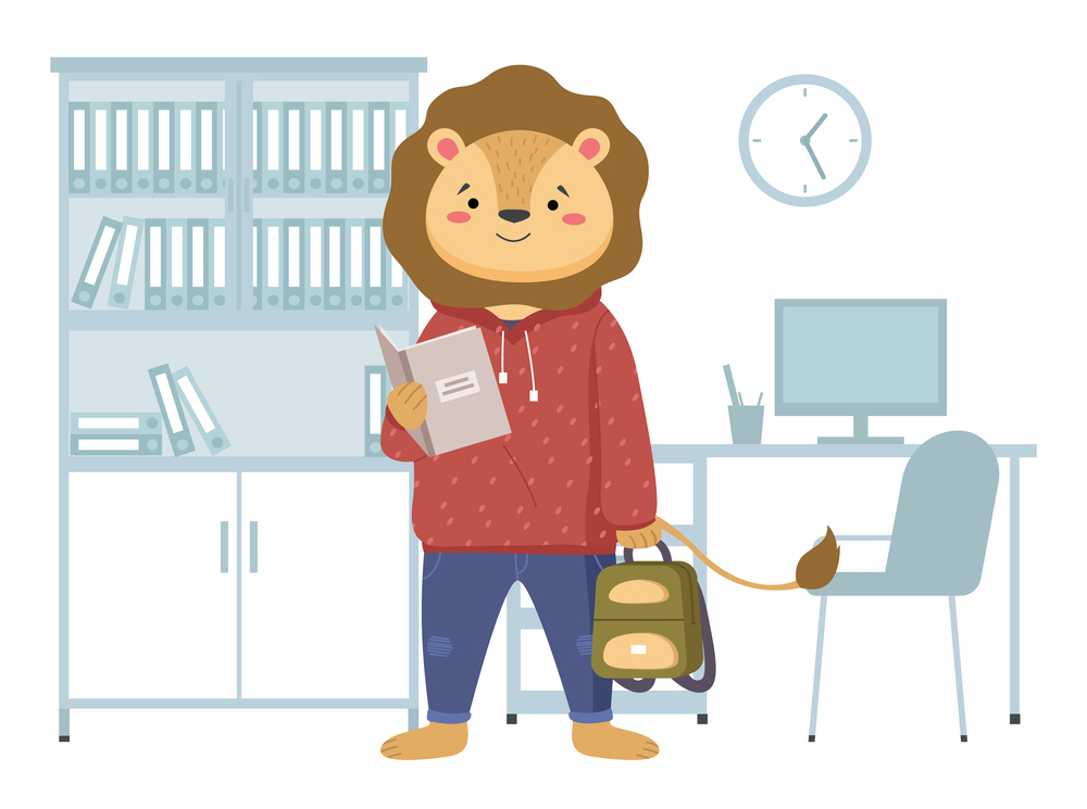 Funny cartoon animal student. A lion schoolboy in uniform standing with a notebook and a backpack. Back to school concept. Active pupil looks at the copybook and does his homework in the class. Funny cartoon animal student. A lion schoolboy in uniform standing with a notebook and a backpack