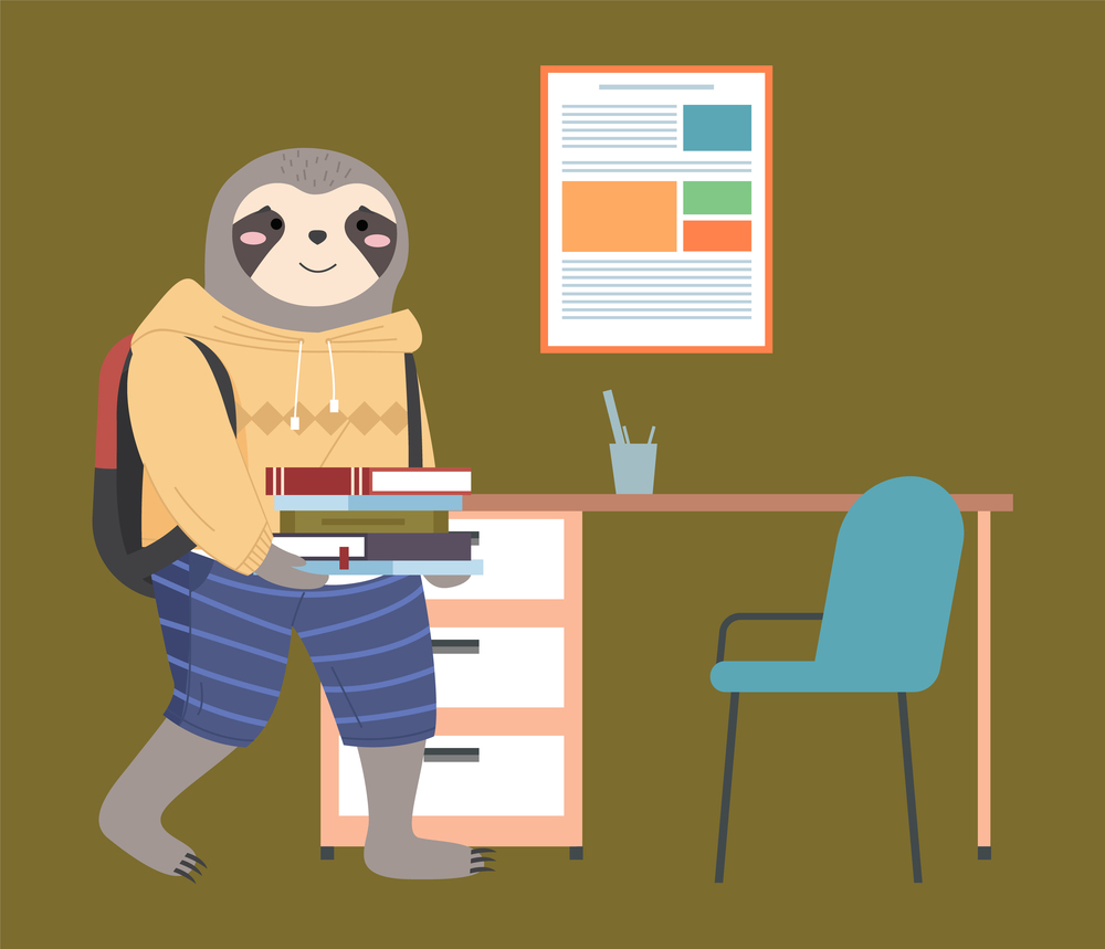 Funny cartoon animal student. A sloth schoolboy in uniform standing with a books and a backpack. Back to the school concept. Active pupil walks with textbooks in hands and spend time in the class. Funny cartoon animal student. A sloth schoolboy in uniform standing with a books and a backpack