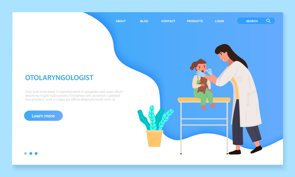 App for communication with healthcare professionals. Web for consultation with otolaryngologist. Program landing page template. Baby sits with teddy bear. Pediatrician examines patient s oral cavity. App for communication with healthcare professionals. Website for consultation with otolaryngologist