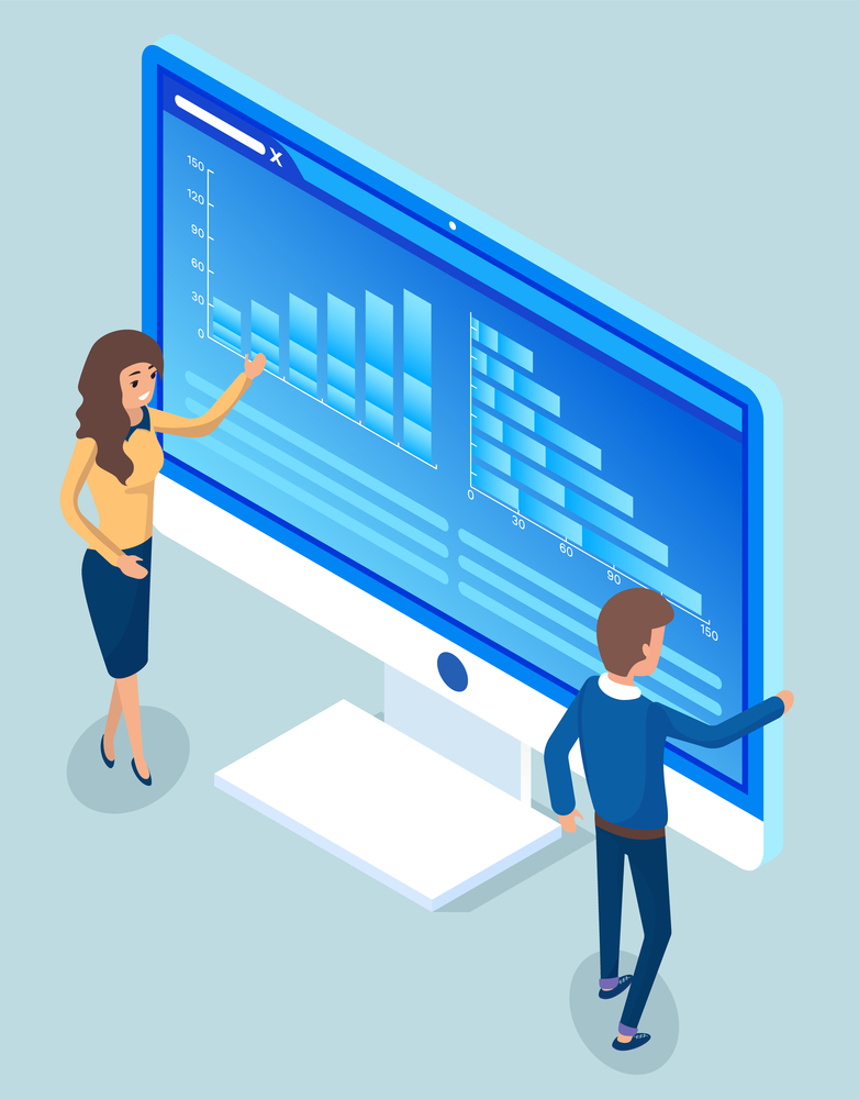 Man and woman stand near personal computer. Electronic device with statistics graphs on display. Coworkers discussing about information on screen at office. Vector illustration in flat style. Man and Woman near Electronic Device, Computer