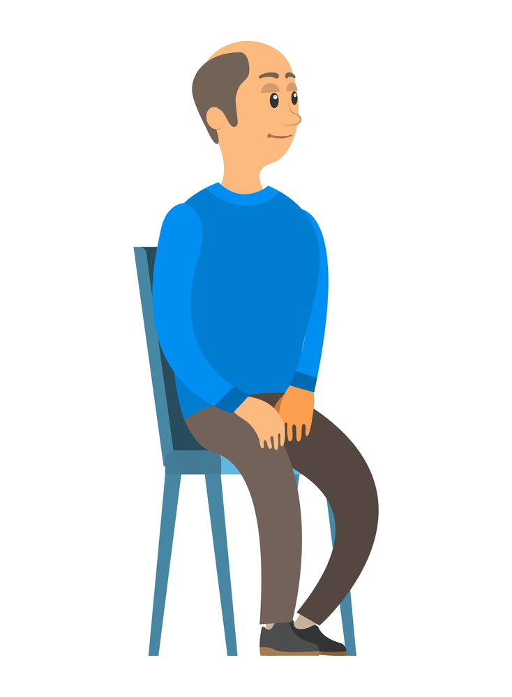 Old man with a bald head sits on a chair vector illustration. Elderly person with hands on knees. Isolated cartoon character on white background. The patient is waiting for a doctor for a consultation. Old man with a bald head sits on a chair vector illustration. Elderly person with hands on knees
