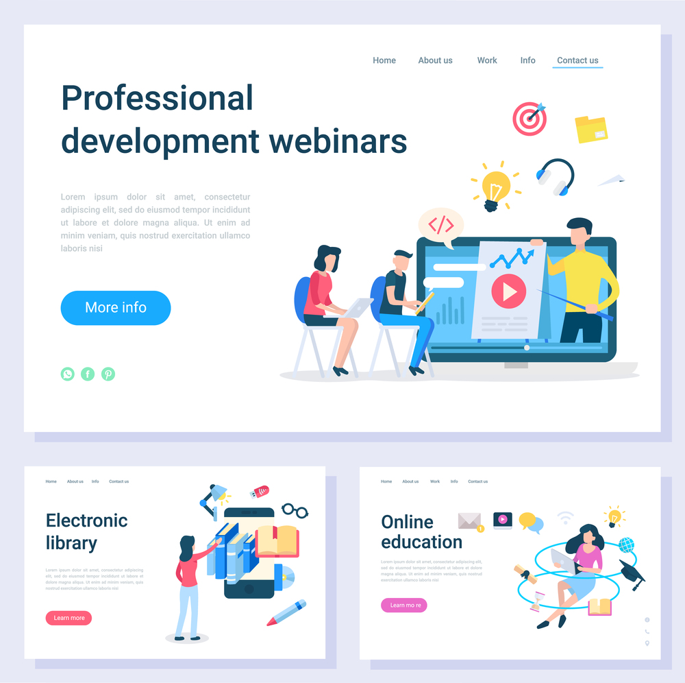 Online education, electronic library, professional development webinars. People e-learning and e-reading, web courses and studying, knowledge icon vector. Website or landing page template, web page. Education Website, Webinars and Library Vector