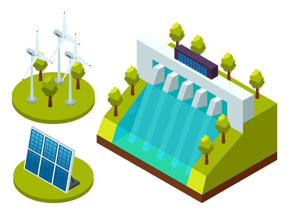 Green energy an eco friendly modern technology. Solar, wind, hydroelectric alternative power. Clean energy and electricity concept vector illustration. Environmental protection from harmful emissions. Green energy an eco friendly modern technology. Solar, wind, hydroelectric alternative power