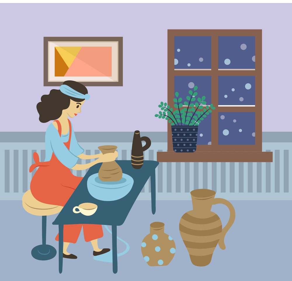 Woman sitting at home in winter evening vector, hobby of female character making pots from clay, lady wearing apron sitting by spinning table leisure. Woman Making Pots at Home, Evening Hobby Vector