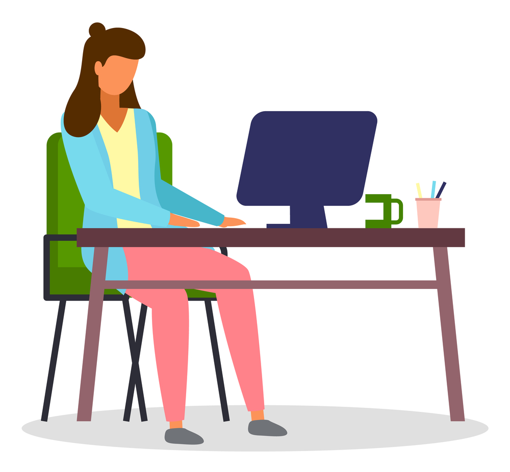Business woman sitting at a desk working with laptop. Businesswoman manager typing on computer. Office worker girl or freelancer at home, work on the Internet, communication on social networks concept. Business woman sitting at a desk working with laptop. Businesswoman manager typing on computer