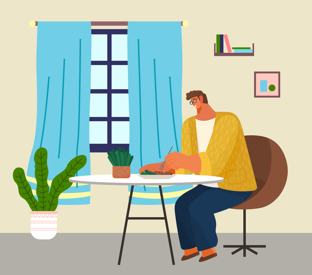 Young stylish man in glasses sitting on soft armchair at home at a table eating salad vector illustration. Male character having lunch in a restaurant or cafe. Spending time at home, household dinner. Young stylish man in glasses sitting on soft armchair at home at a table having lunch eating salad