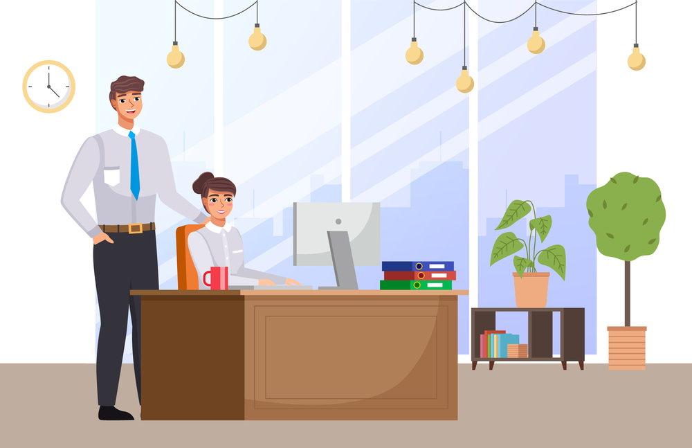 The girl works in the office at a laptop. The guy with a tie smiles and looks on the business lady. The boss helps the employee to cope with the task. Colleagues spend time at the workplace together. The girl works in the office at a laptop. The boss helps the employee to cope with the task