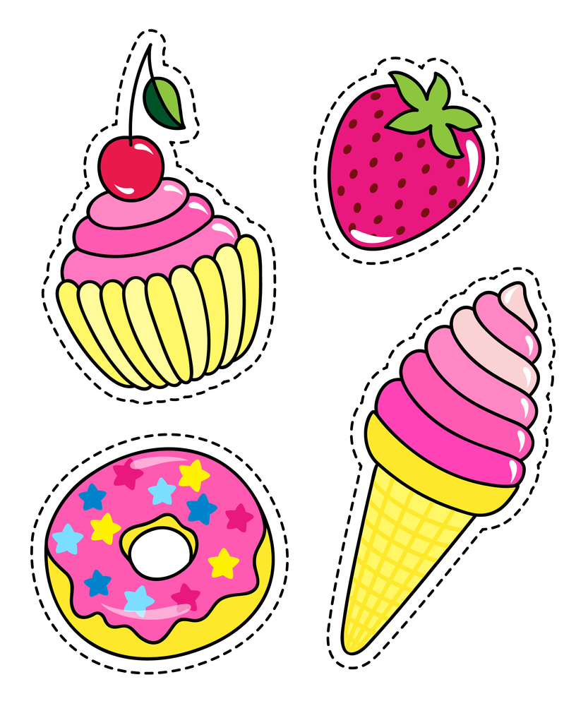 Fashion patch badges with cupcake, donut, ice cream and strawberry. Set of stickers, pins, patches in hand-drawn collection in cartoon 80s-90s comic style. Vector bright elements in girlish colors. Fashion patch badges with cupcake, donut, ice cream and strawberry. Set of stickers, pins