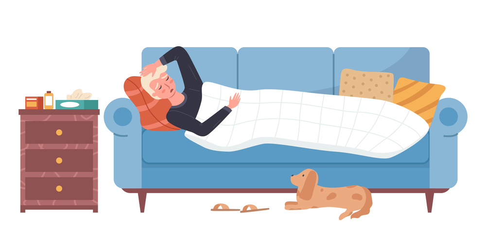 Male character having cold and lying in bed on white background. Dog owner is sick vector illustration. Puppy lies next to the sofa and looks at the sad guy. Man being treated for flu with medicines. Man having a cold and lying in bed on white background. Dog owner is sick vector illustration