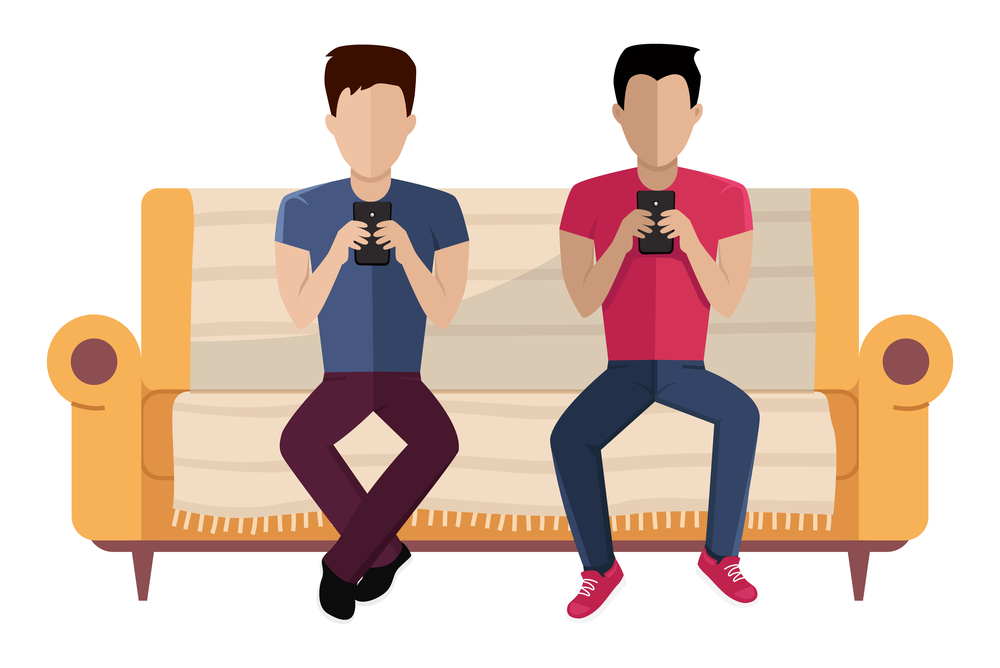 The couple is sitting on the couch. Men are chatting with smartphones in their hands vector illustration. Cartoon characters are resting and spending time together at home. Guys working with phones. The couple is sitting on the couch. Men are chatting with smartphones in hands vector illustration