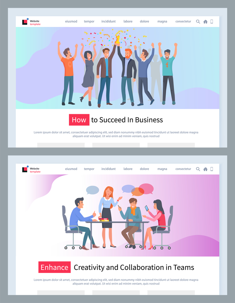 How to succeed in business vector website template, enhance creativity and collaboration in team webpage and landing page design. Businessmen holding golden cup, colleagues confers at the table. How to succeed in business vector website template, enhance creativity and collaboration in team