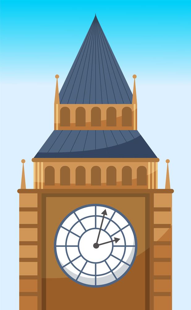 Clock tower flat vector icon of Big Ben. British tower with clock. Popular tourist attraction in London. Famous world landmark clock tower of westminster palace. The biggest watch in the world. Clock tower flat icon of Big Ben. British tower with clock. Popular tourist attraction in London