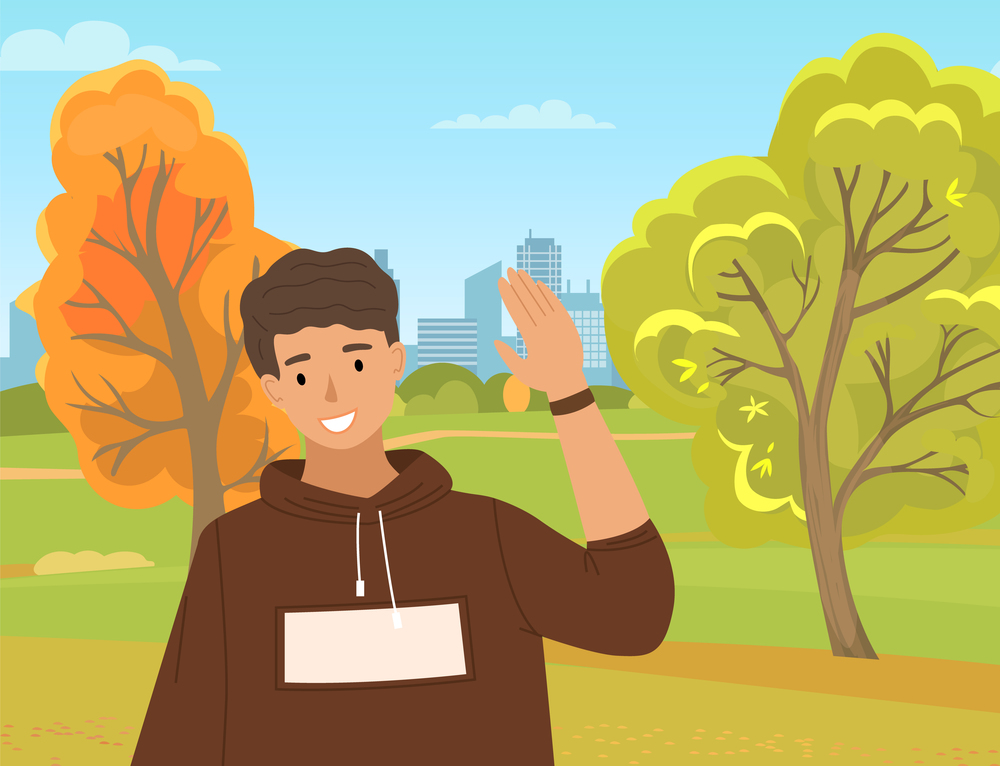 Young boy wave his hand. Male character is showing greeting gesture. Boy in brown hoodie, smiles and raises his hand. Forest with trees, on the background. A boy is walking in the autumn forest. Young boy is waving hand. Male character shows greeting gesture with his hand vector illustration