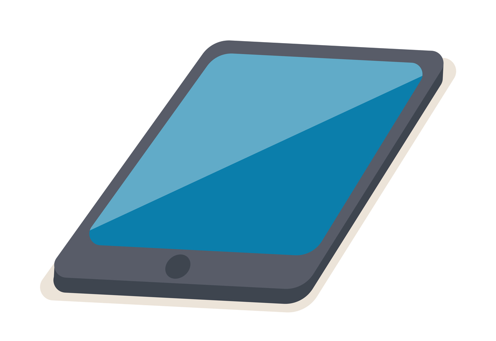A black tablet with a blue reflection on the screen vector illustration. Technical invention with a button at the bottom of the screen to perform tasks. Device isolated on the white background. Black tablet with blue reflection on the screen. Technical invention with button vector illustration