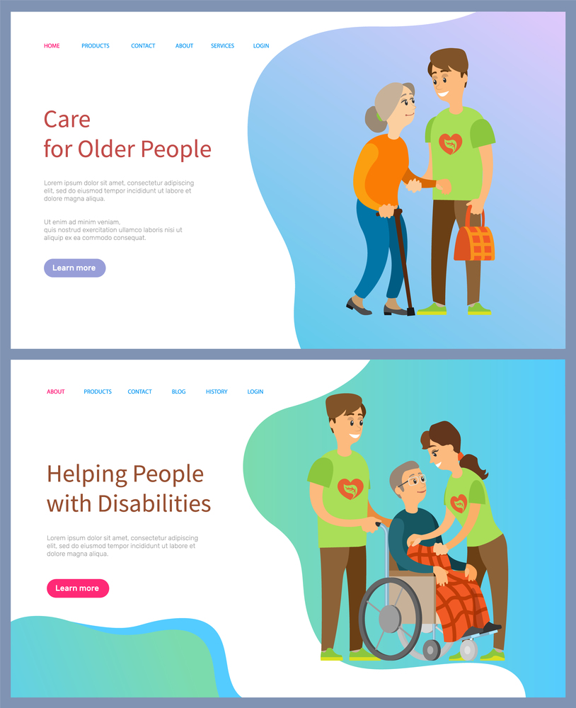 Volunteering people vector, man and woman helping people with disabilities using wheelchair, elderly woman, male carrying bags of old lady. Website or slider app, landing page flat style. Care for Older People with Disabilities Volunteer
